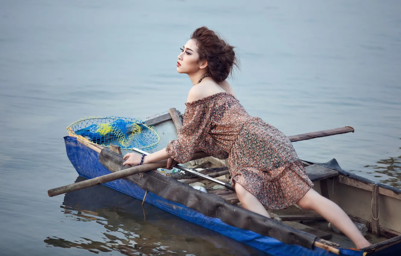 Photo wallpaper girl, nature, boat