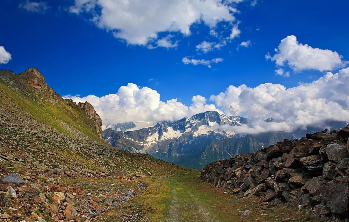 Photo wallpaper road, the sky, clouds, mountains, stones, Alps