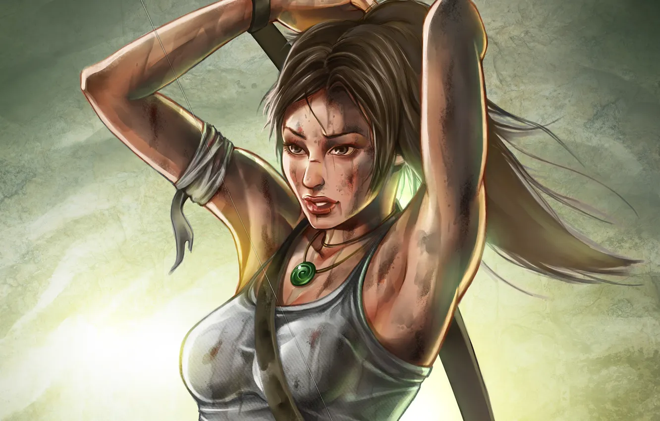 Photo wallpaper look, girl, face, background, hands, Mike, bow, art