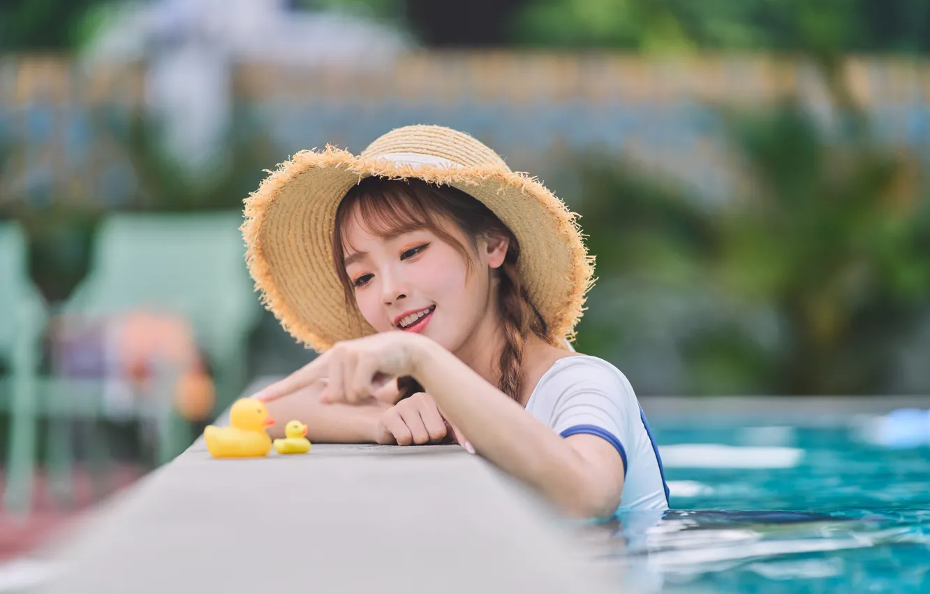 Photo wallpaper pool, toy, hat, woman, water, beautiful, model, pretty