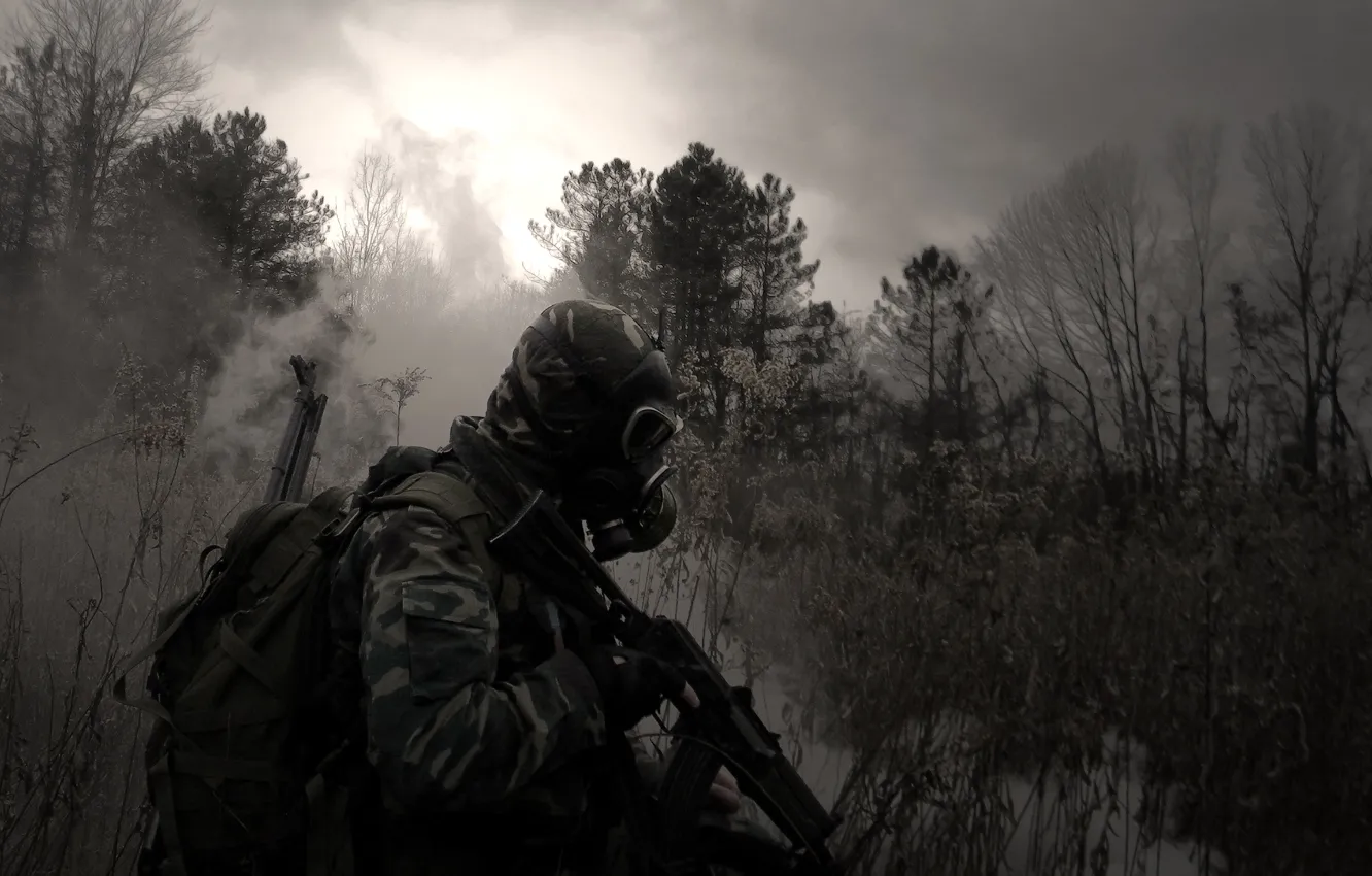 Photo wallpaper forest, grass, swamp, machine, gas mask, camouflage, Kalashnikov, backpack