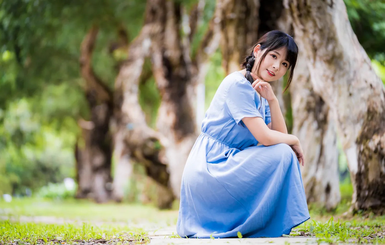 Photo wallpaper look, girl, sweetheart, dress, Asian, bokeh