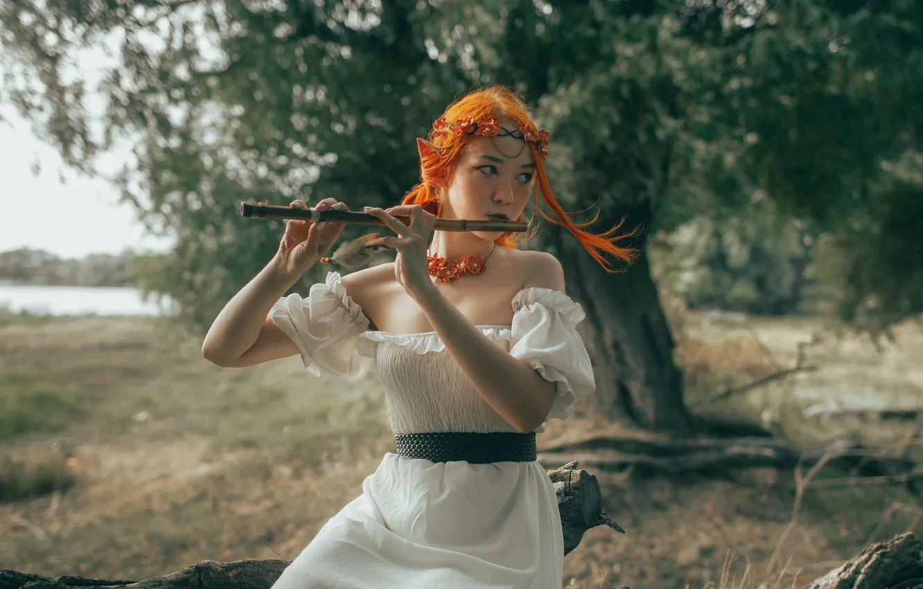 Photo wallpaper Roosso Alex, the pipe, red, nature, trees, dress, girl, model