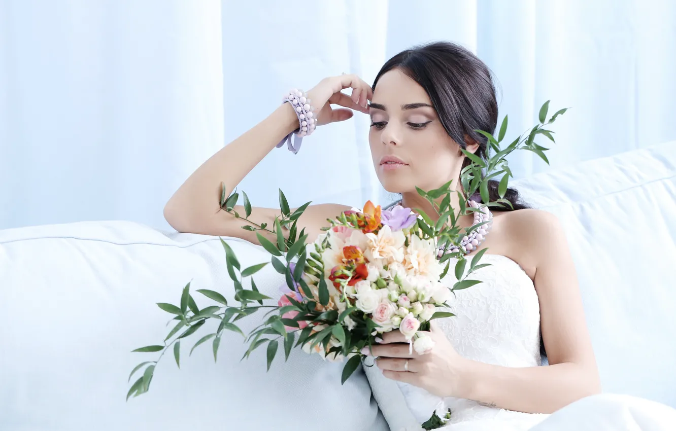 Photo wallpaper leaves, girl, flowers, branches, pose, sofa, bouquet, hands