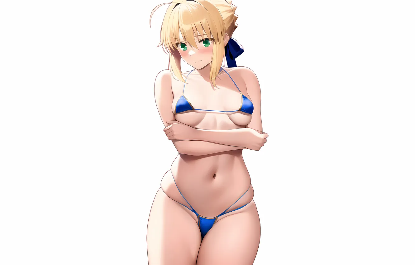 Photo wallpaper girl, sexy, cleavage, green eyes, boobs, sexy girl, saber, anime