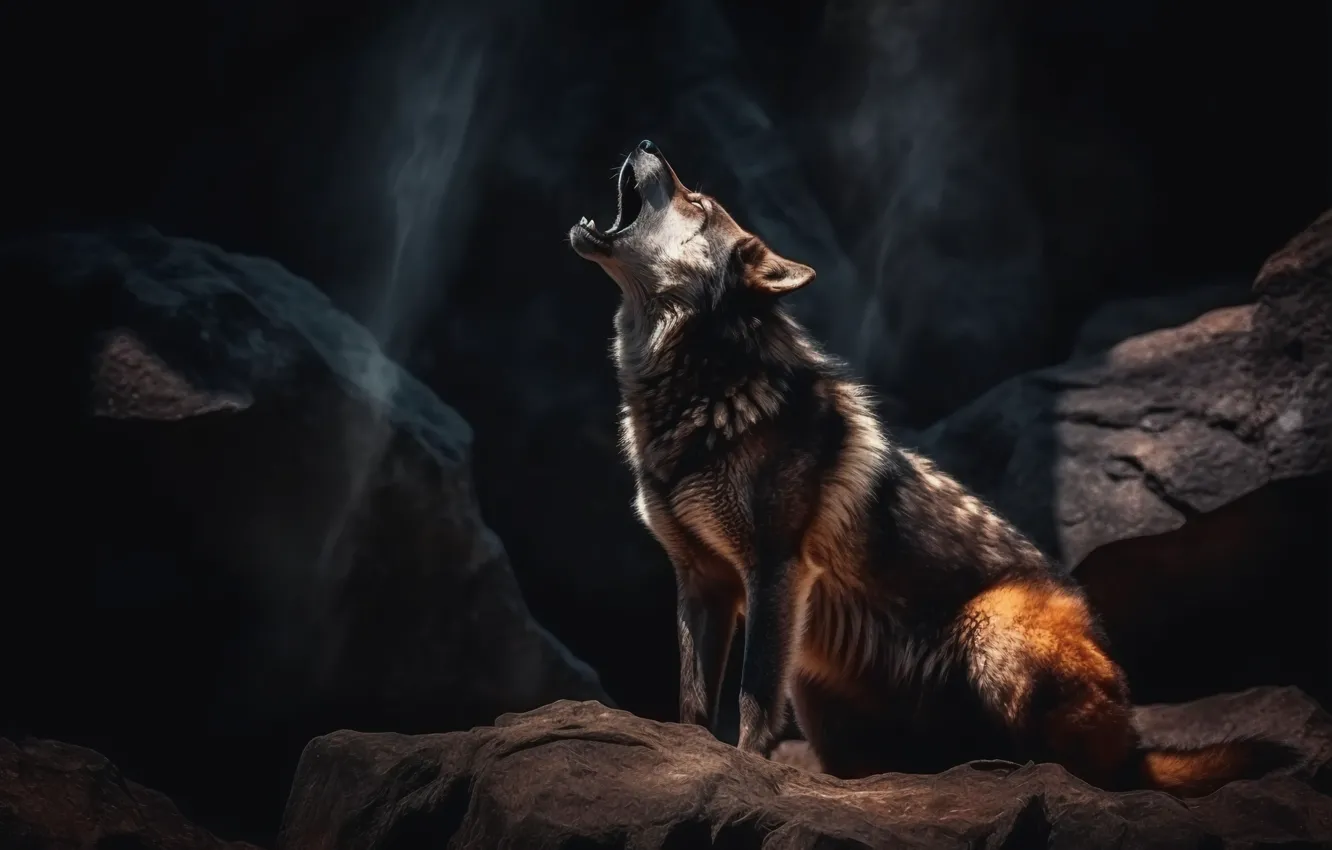 Photo wallpaper light, nature, pose, the dark background, stones, grey, rocks, wolf