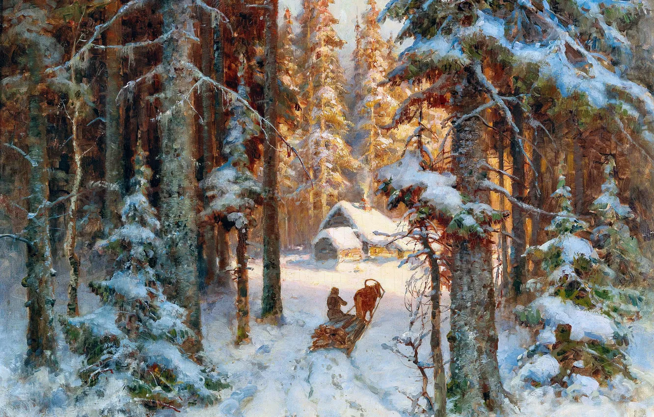 Photo wallpaper winter, snow, trees, home, picture, Yuli Yulievich Klever, Russian artist of German origin, Lumberjacks are …