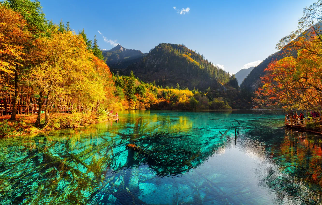 Photo wallpaper autumn, forest, trees, mountains, lake, yellow, China, Sunny