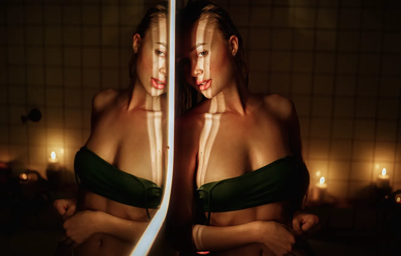 Photo wallpaper girl, reflection, candles, mirror, George Chernyadev, Georgy Chernyadyev, Angelina Kuznetsova, Angelina Kuznetsova