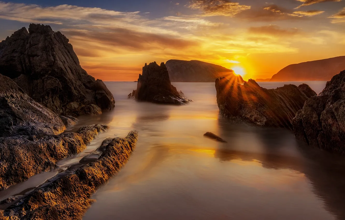 Photo wallpaper sea, the sun, sunset, rocks
