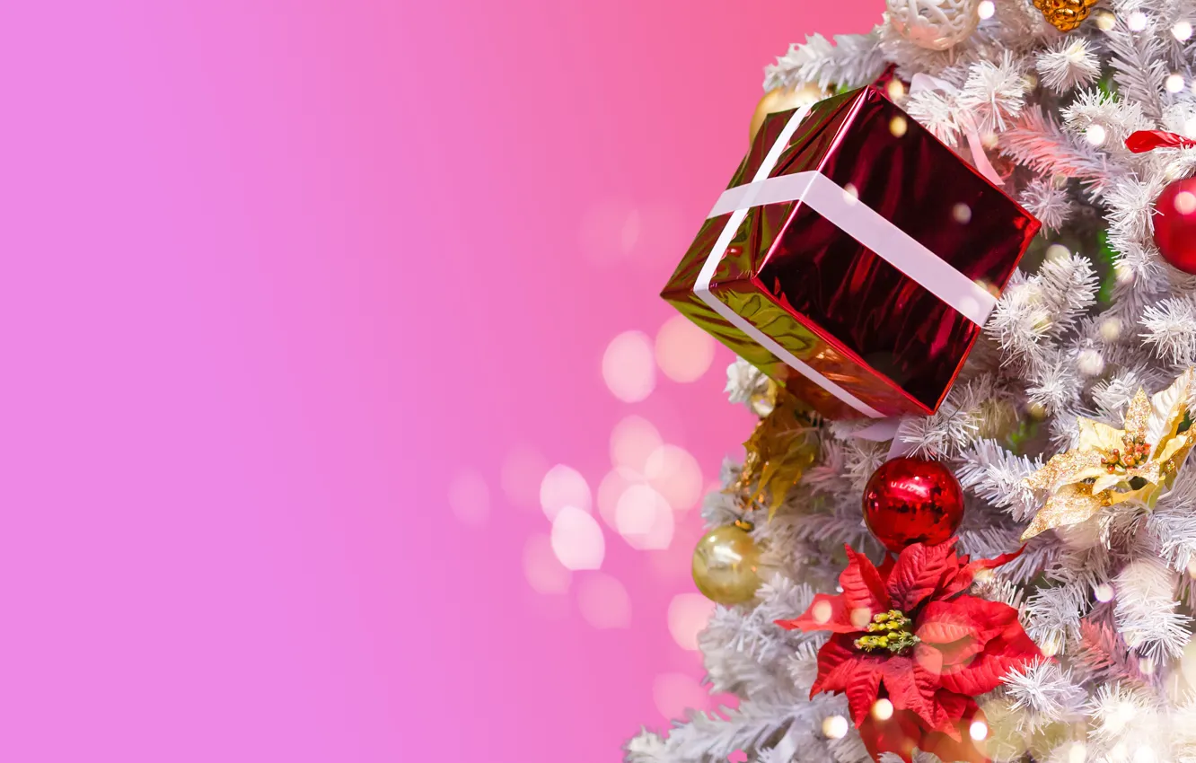 Photo wallpaper balls, flowers, gift, balls, Christmas, New year, tree, pink background