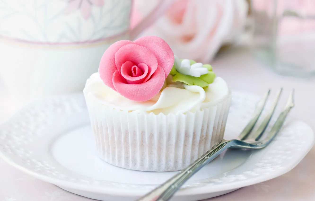 Photo wallpaper food, plate, dishes, cake, plug, cream, dessert, cupcakes