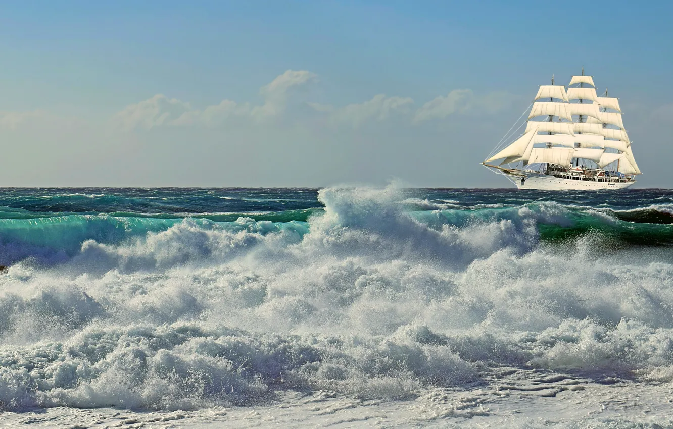 Photo wallpaper wave, the sky, foam, sailboat, dal, surf