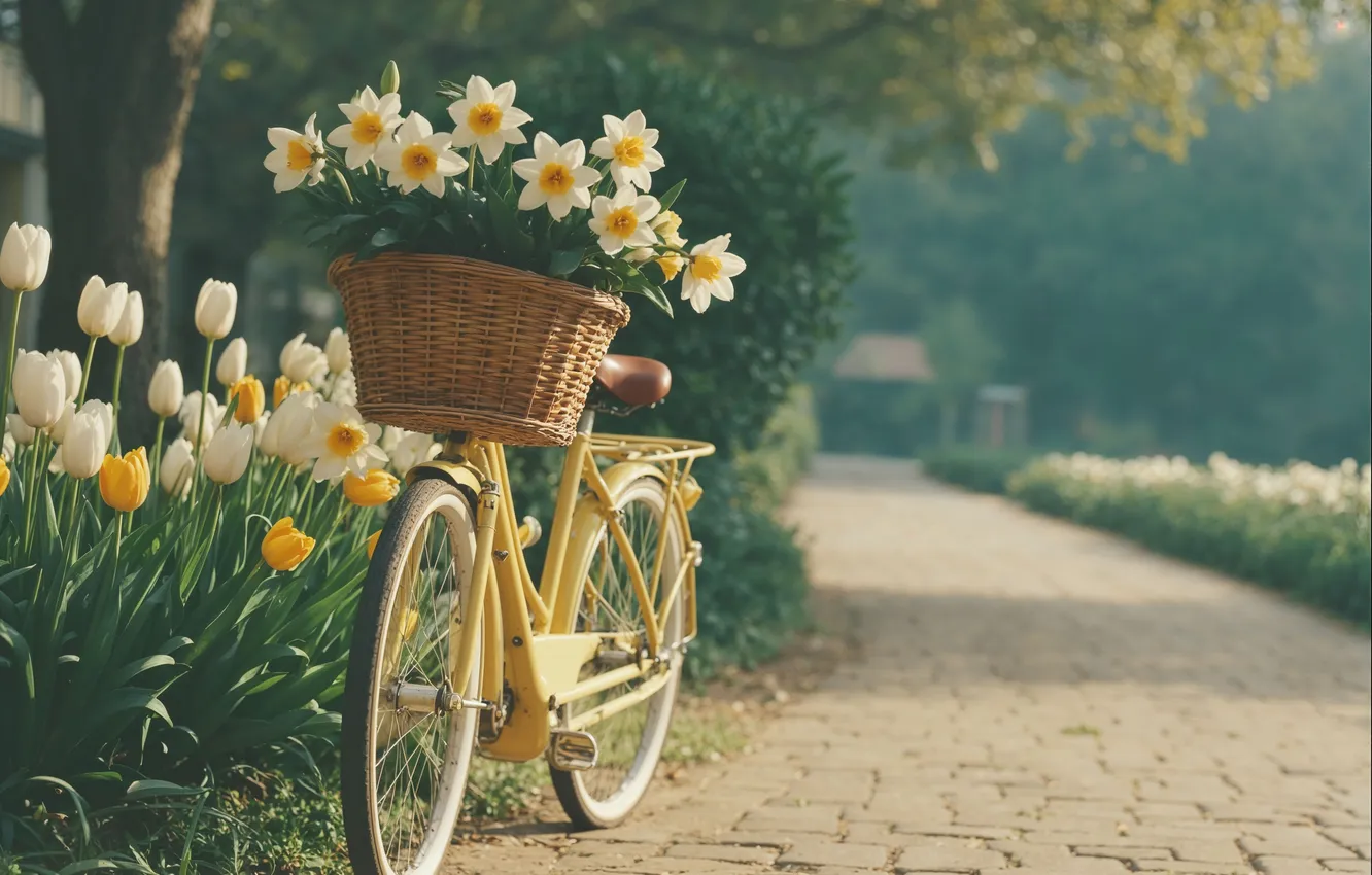 Photo wallpaper summer, flowers, bike, retro, chamomile, spring, summer, sunshine