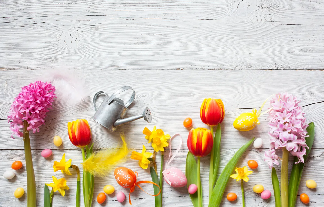 Photo wallpaper flowers, spring, colorful, Easter, crocuses, tulips, wood, flowers