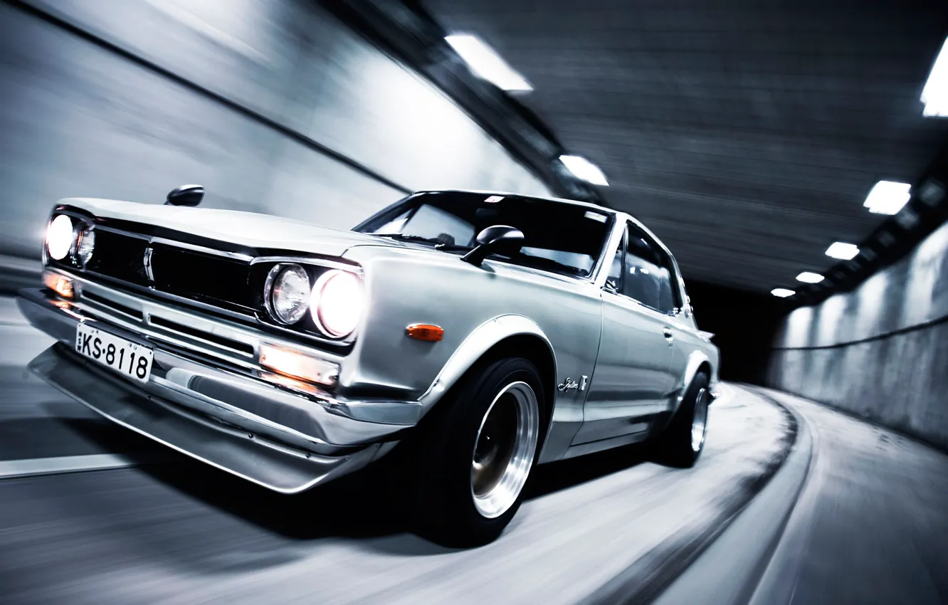 Photo wallpaper Auto, Machine, Grey, Nissan, Nissan, Lights, The tunnel, Car