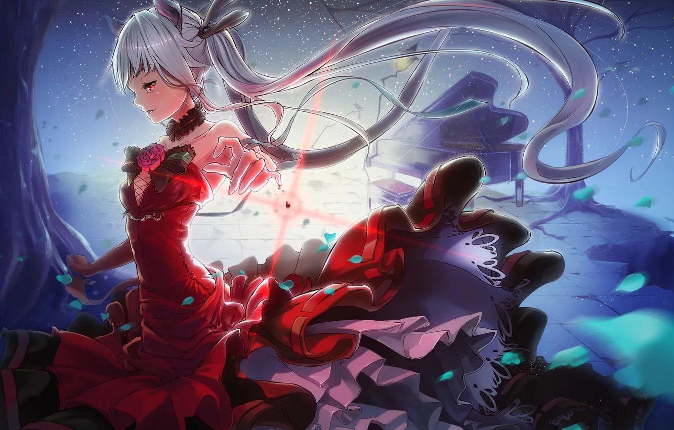 Photo wallpaper girl, smile, dawn, petals, piano, gesture, art, bishoujo mangekyou