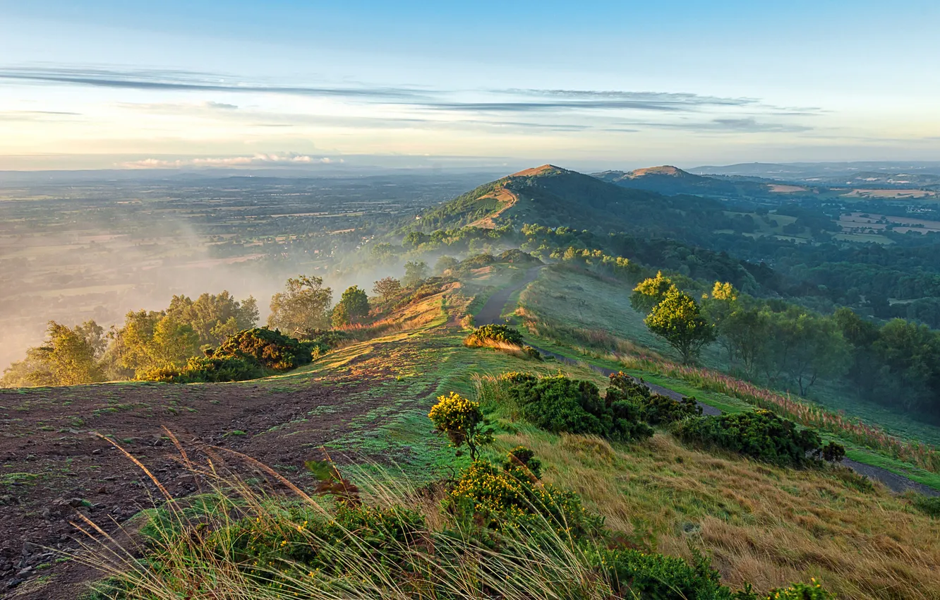 Photo wallpaper road, the sky, trees, mountains, fog, valley, ridge