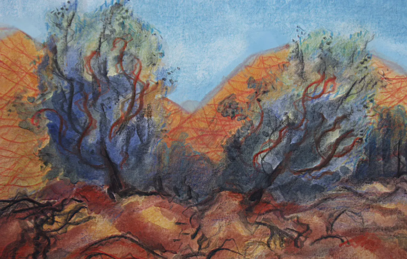 Photo wallpaper clouds, trees, landscape, mountains, figure