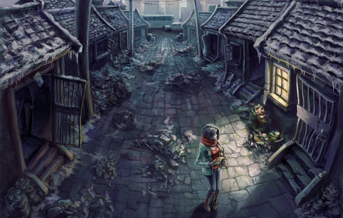 Photo wallpaper girl, abandoned, home, devastation, lonely, Scaring scenery