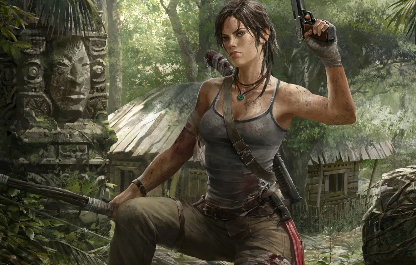 Photo wallpaper forest, girl, pose, weapons, blood, Tomb Raider, hut, Lara Croft