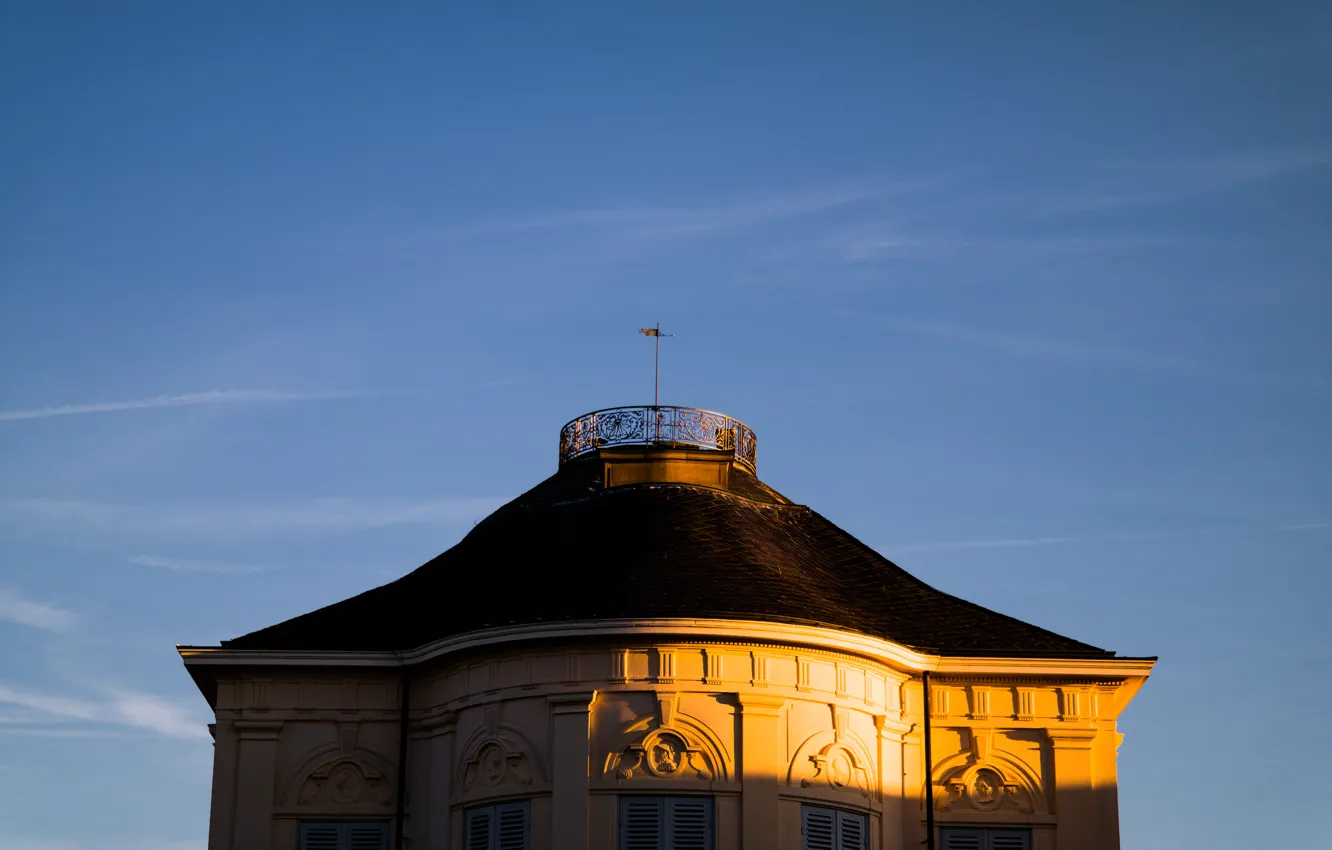 Photo wallpaper sunset, solitude, dusk, blue sky, castle, Stuttgart, building, roof