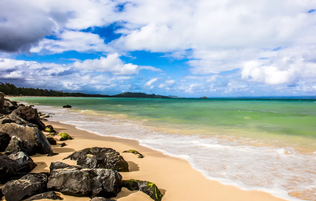 Photo wallpaper sand, sea, beach, the sky, clouds, tropics, stones, coast