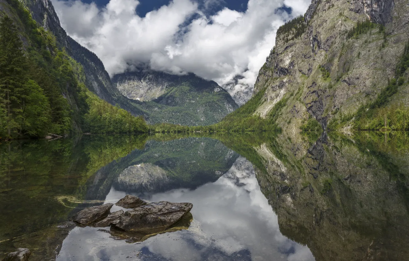 Photo wallpaper clouds, landscape, mountains, nature, lake, reflection, stones, rocks