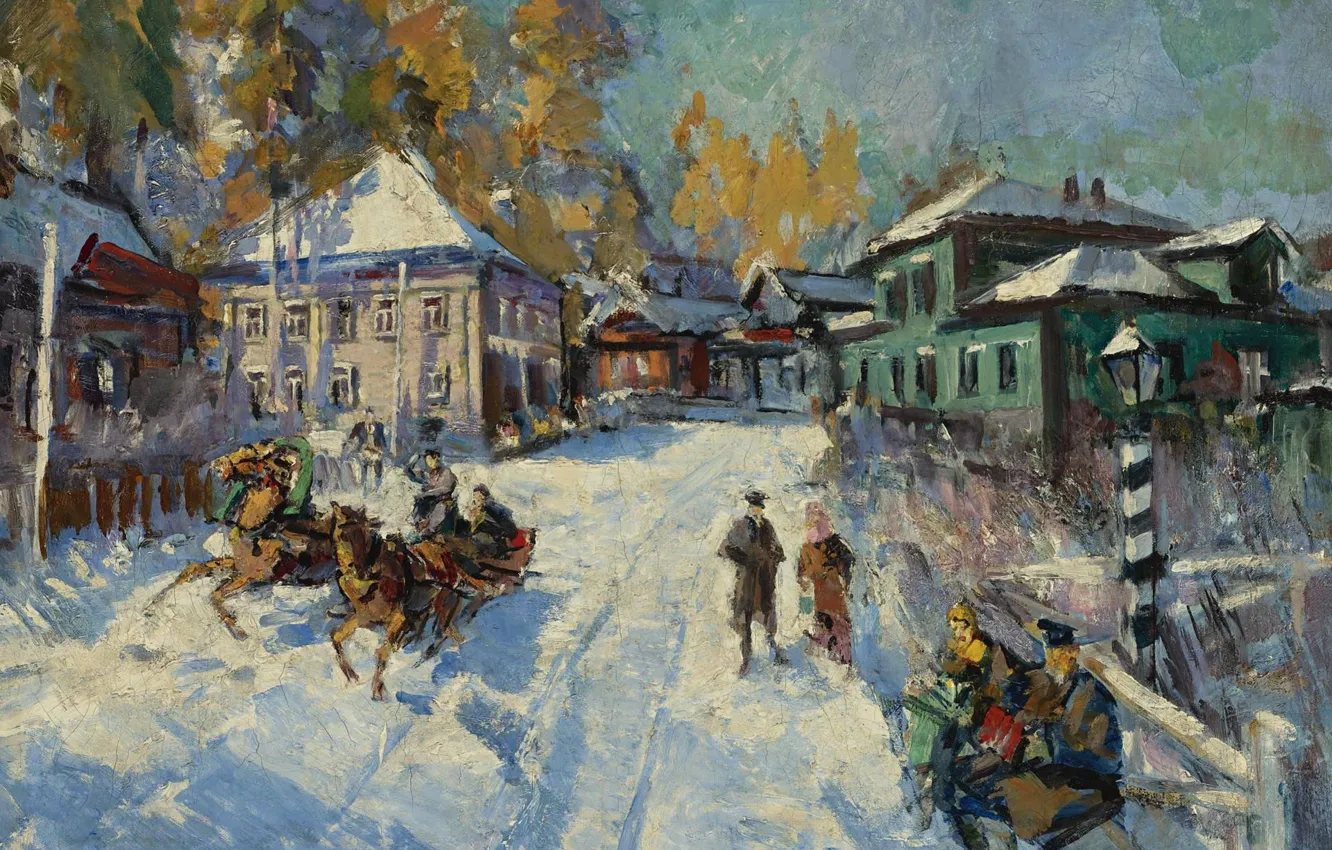 Photo wallpaper snow, landscape, house, street, picture, sleigh, Konstantin Korovin, Russian Winter