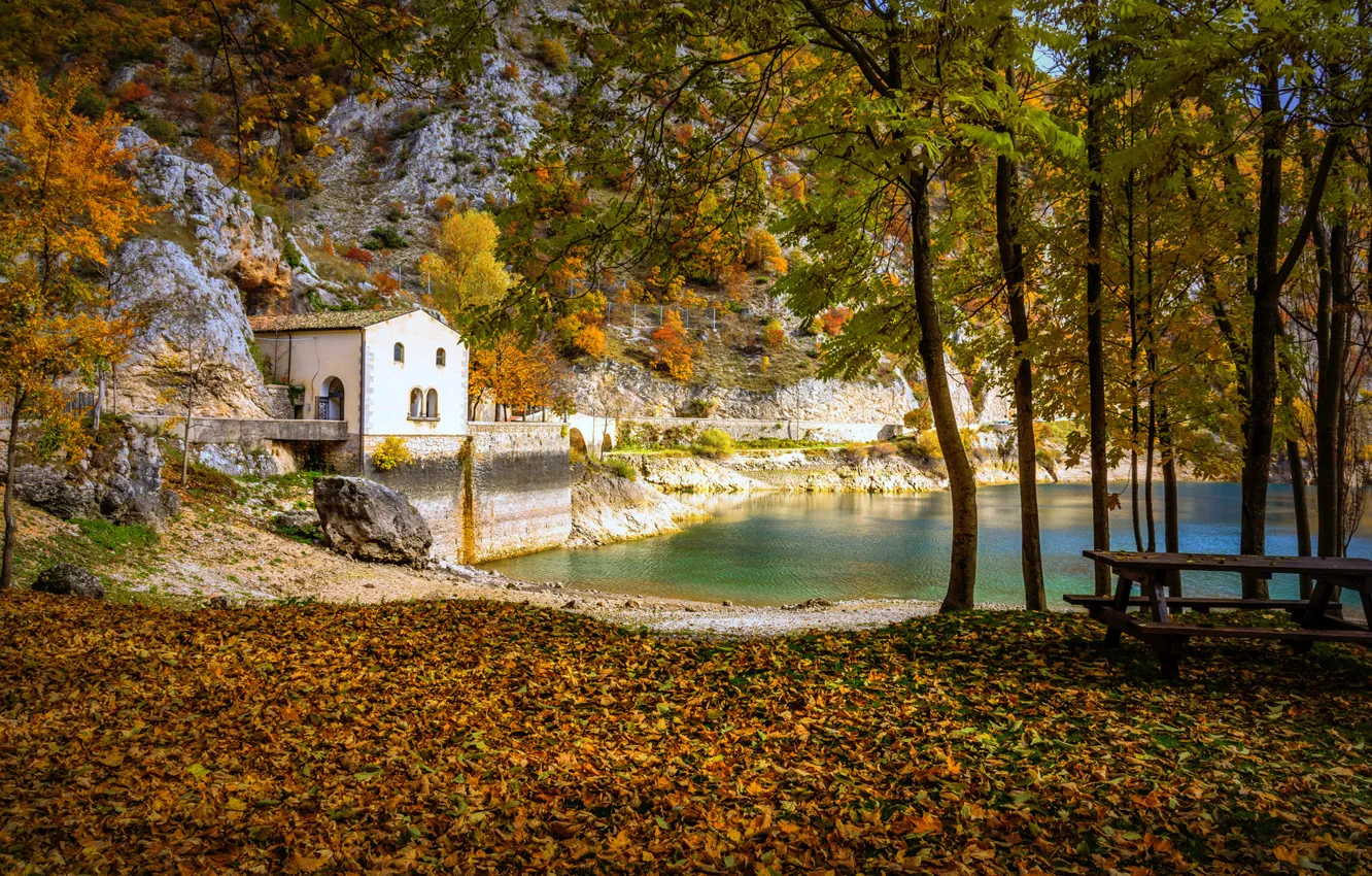 Photo wallpaper autumn, forest, bridge, lake, house, Park, table, bench