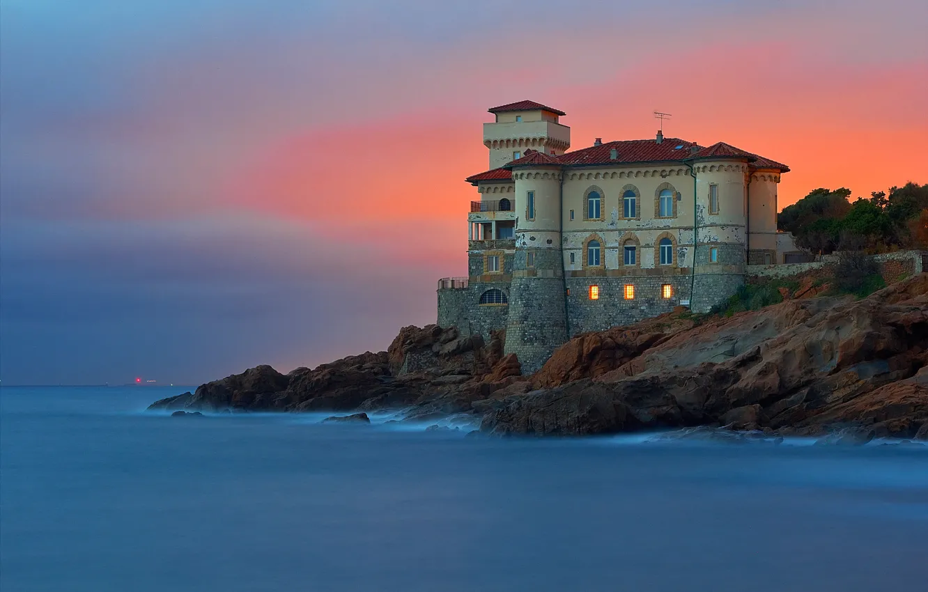 Photo wallpaper sea, house, tower, Italy, glow, Tuscany, Livorno