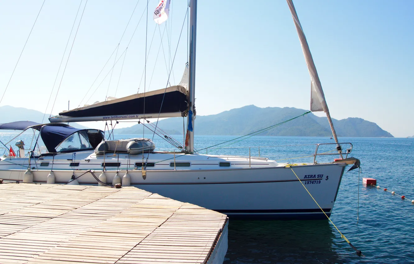 Photo wallpaper sea, mountains, blue, ship, yacht, pierce