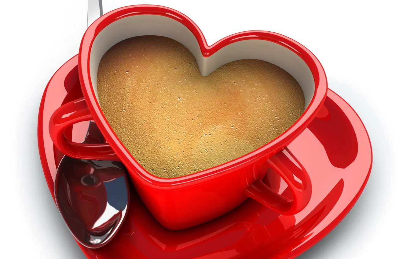 Photo wallpaper red, mood, coffee, plate, spoon, mug, hearts, dishes