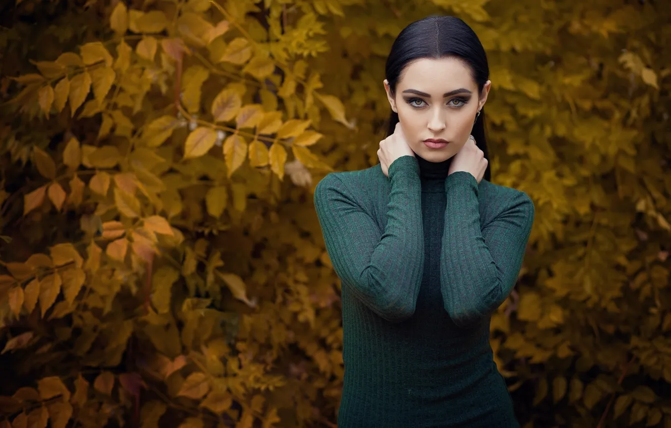 Photo wallpaper autumn, leaves, branches, nature, pose, background, model, portrait