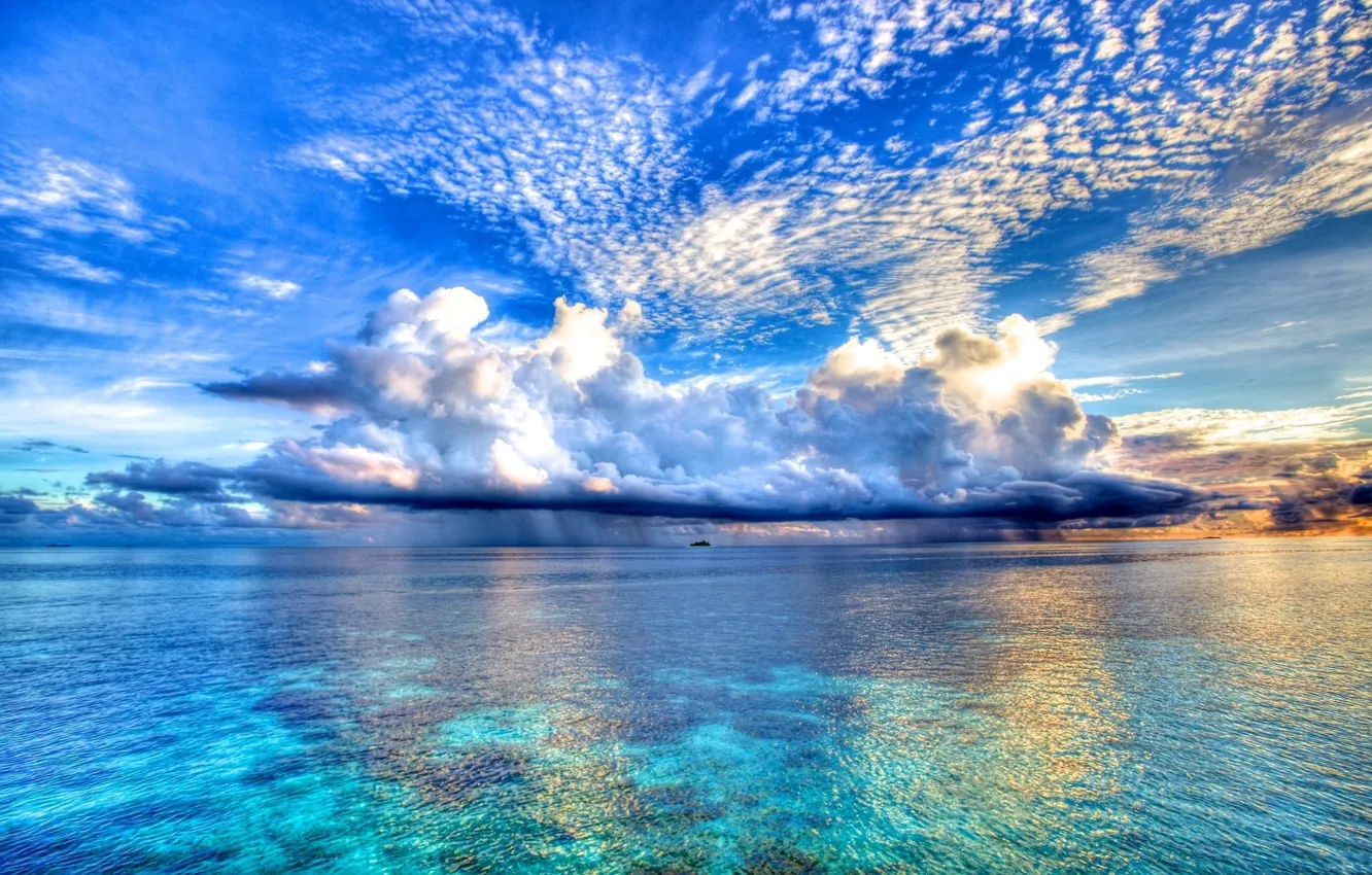 Photo wallpaper the sky, clouds, the ocean, color, beauty, ships, dal, horizon