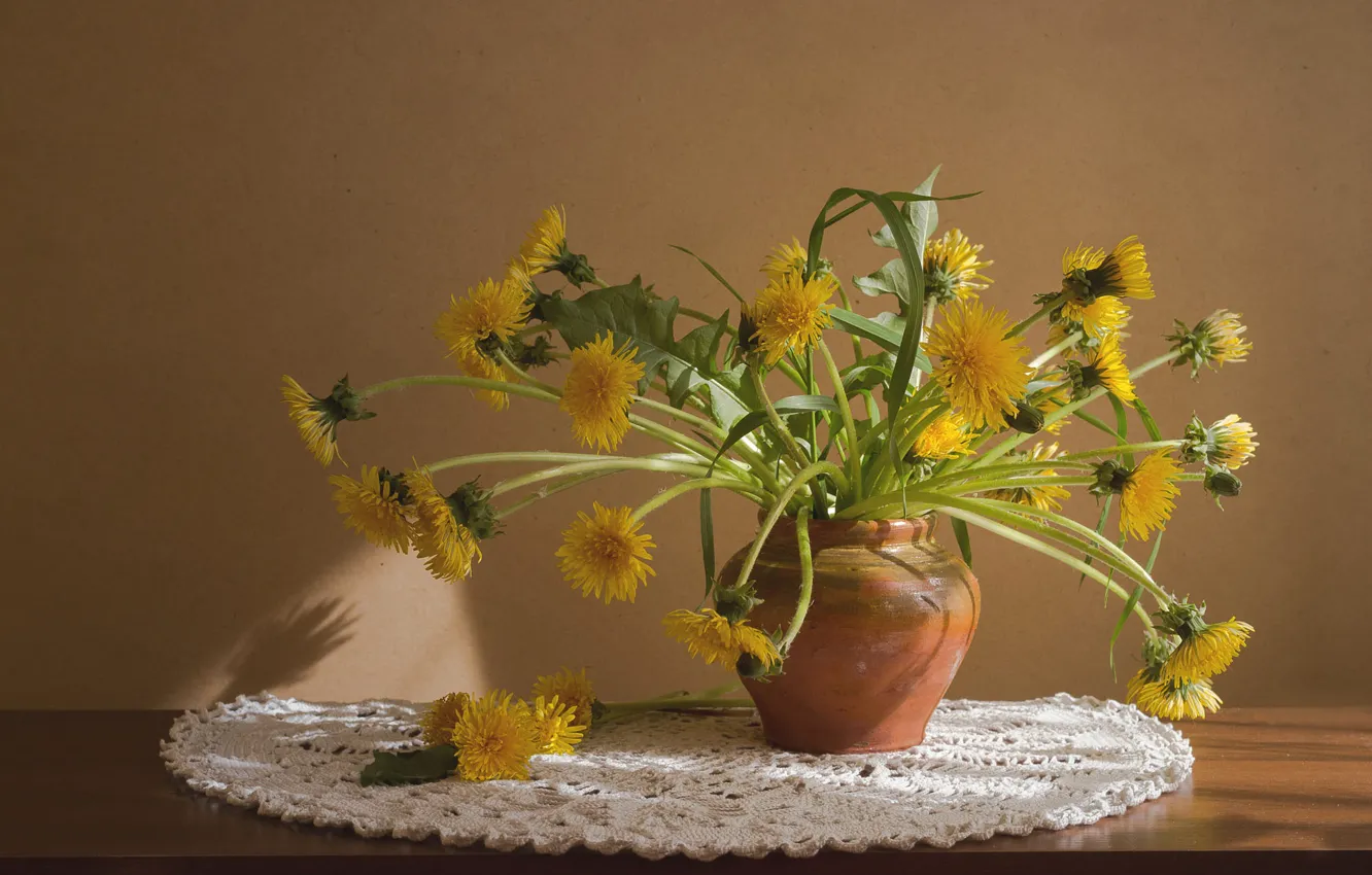 Photo wallpaper light, flowers, yellow, table, background, dandelion, bouquet, spring