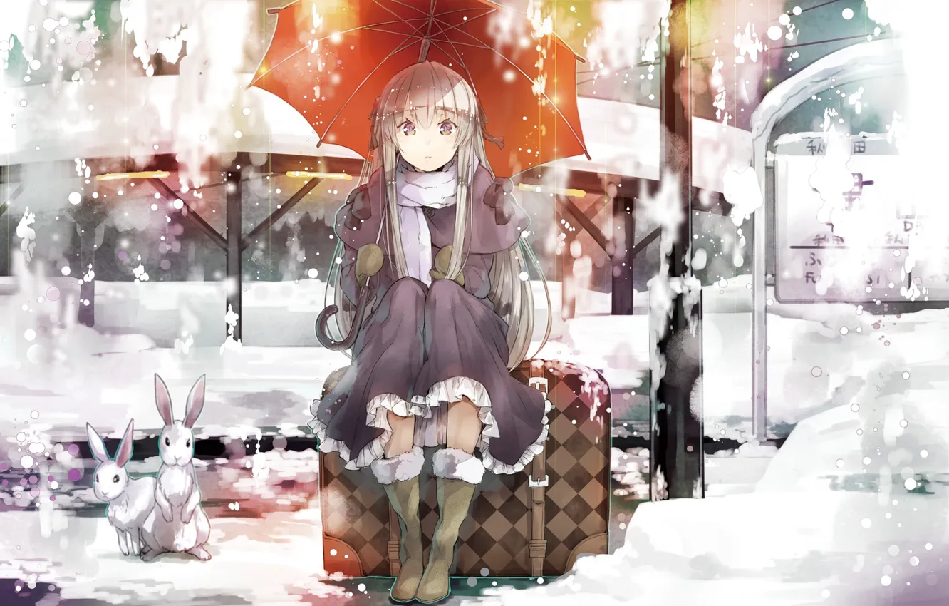Photo wallpaper girl, snow, umbrella, rabbit, dress, sitting, brown eyes, kasugano sora