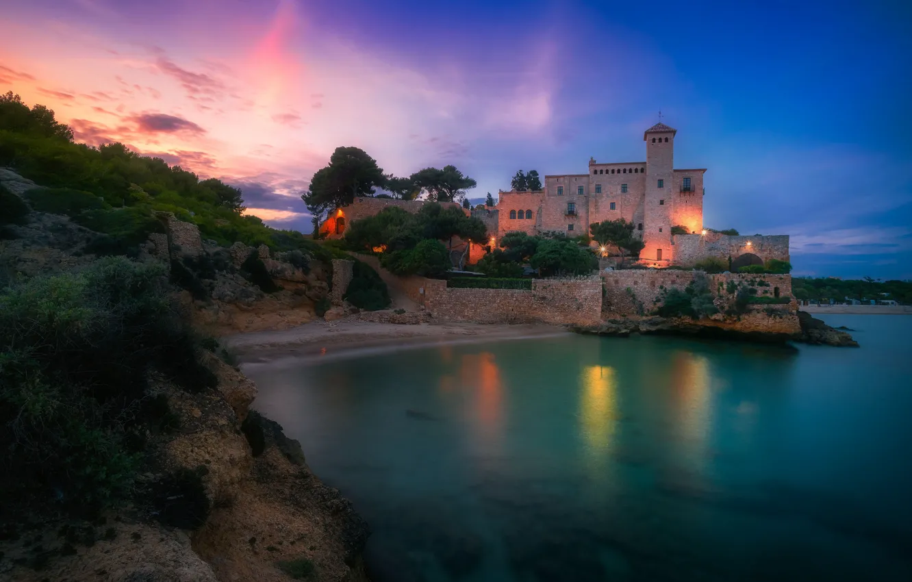 Photo wallpaper trees, lights, castle, rocks, shore, the evening, pond