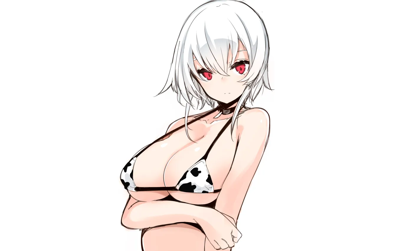 Photo wallpaper girl, sexy, cleavage, boobs, anime, beautiful, red eyes, short hair