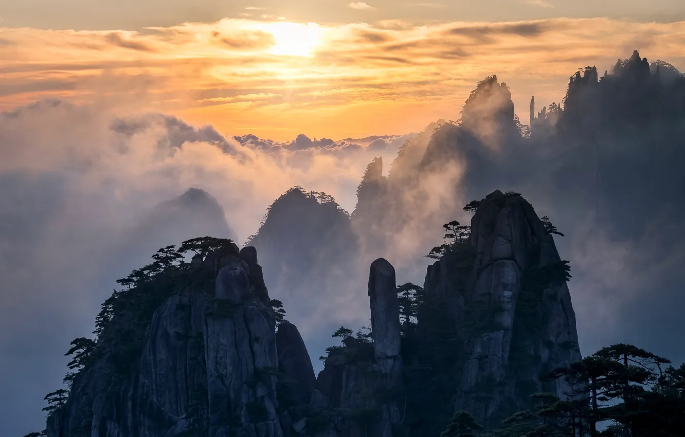 Photo wallpaper clouds, mountains, rocks, China, Anhui