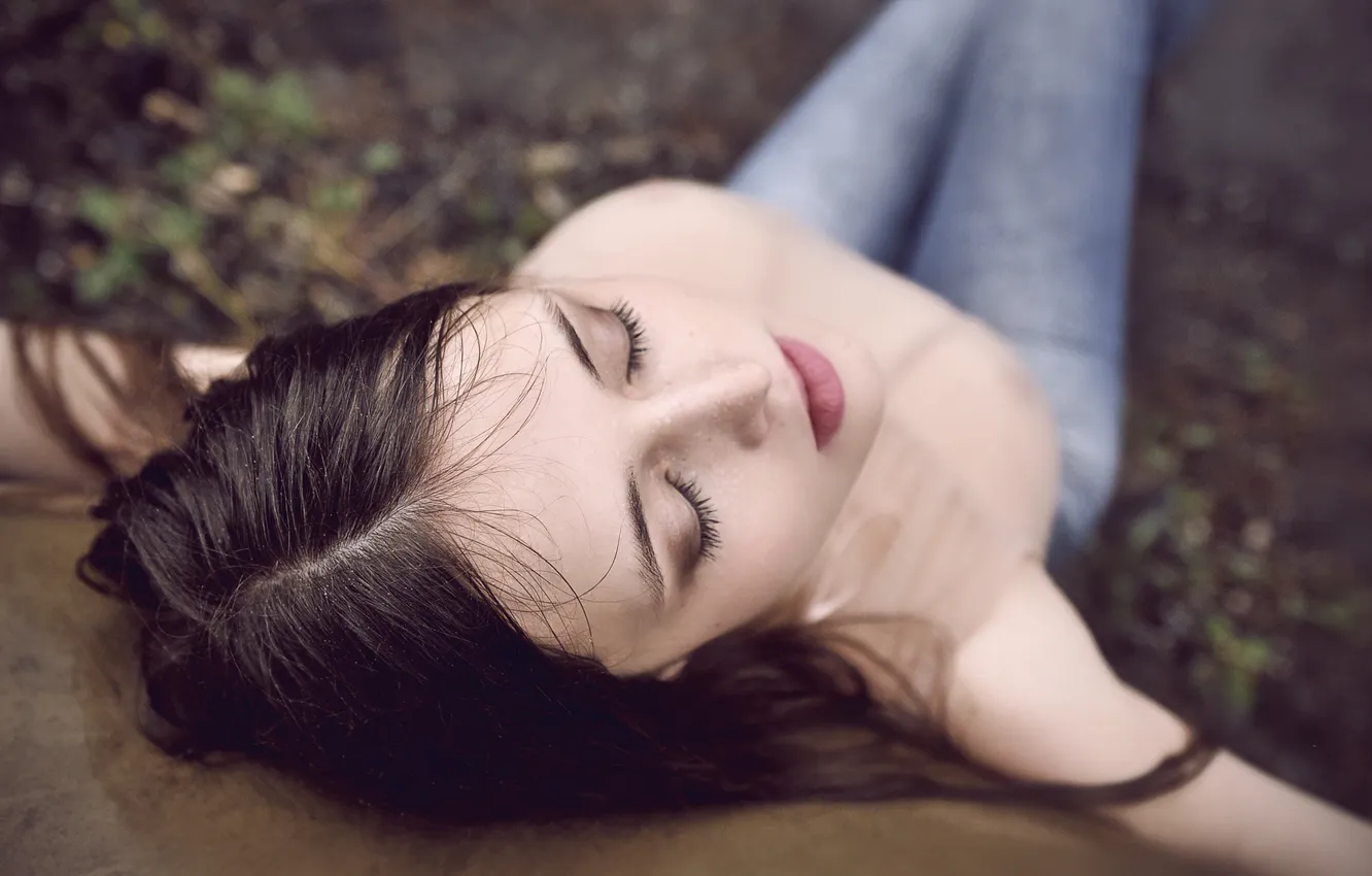Photo wallpaper look, girl, hair, jeans, closed eyes