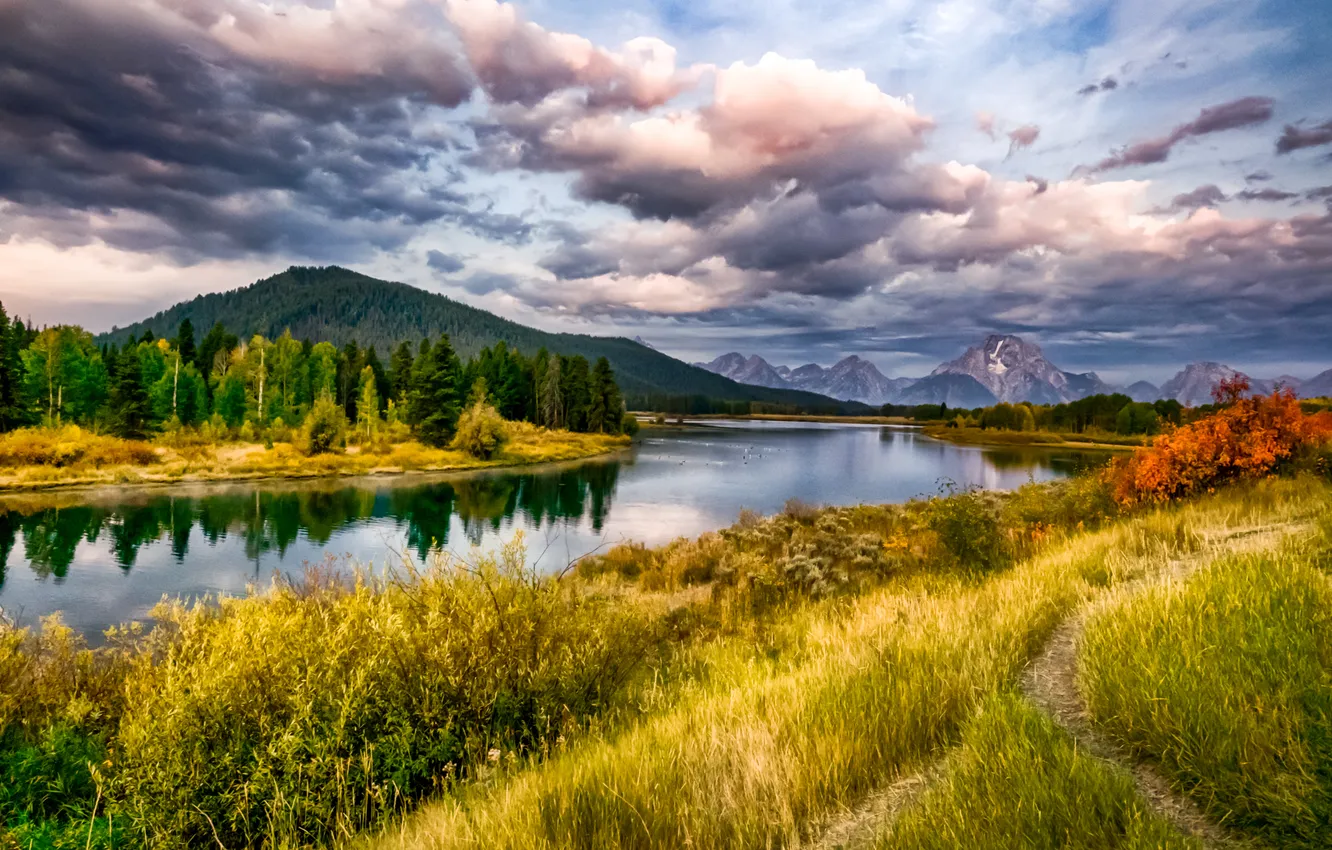 Photo wallpaper autumn, grass, clouds, trees, mountains, river, Wyoming, USA