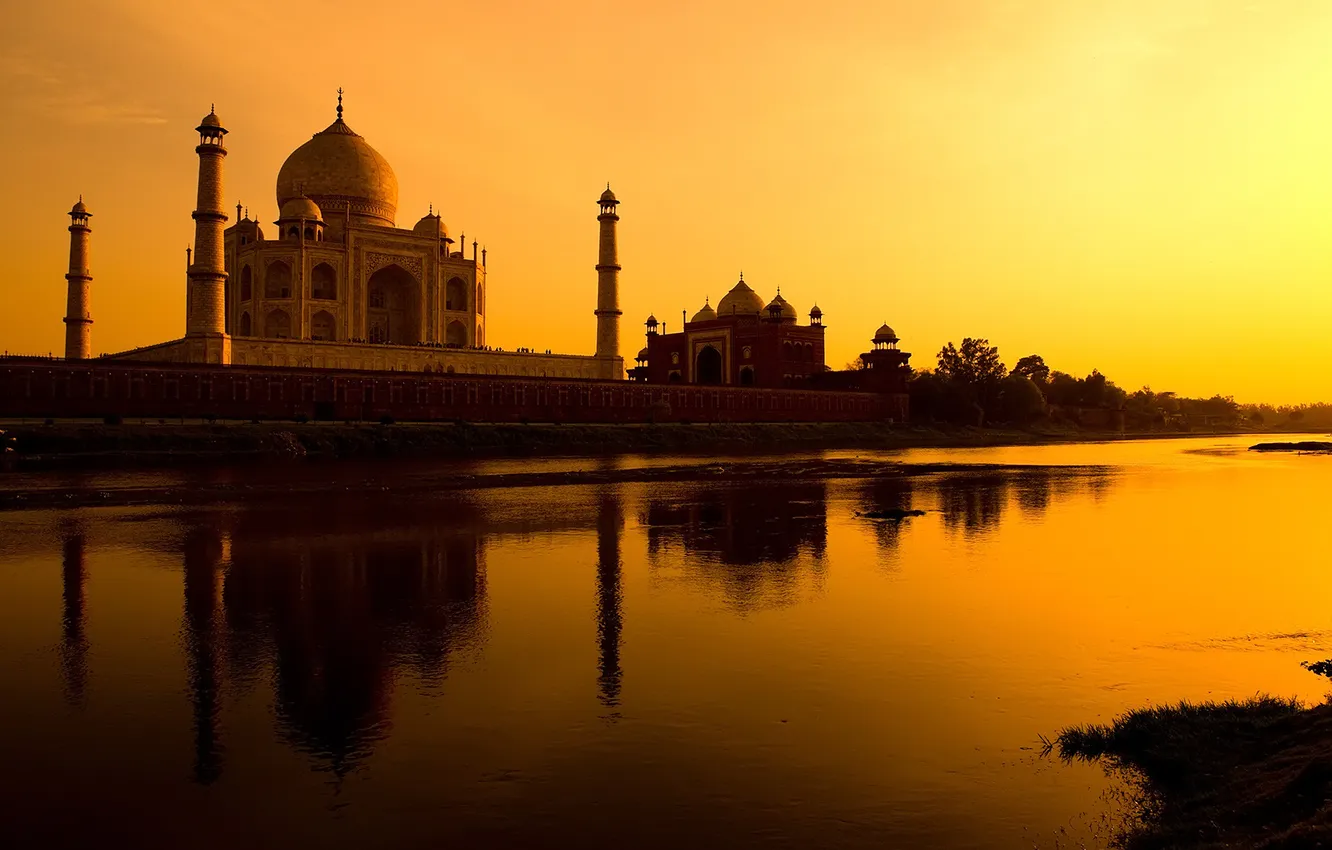 Photo wallpaper the sky, sunset, Taj Mahal, temple, river