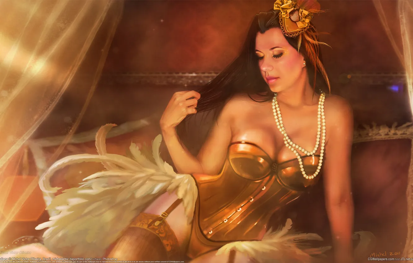 Photo wallpaper girl, bed, pillow, feathers, brunette, beads, corset, Michel Victor Oliveira