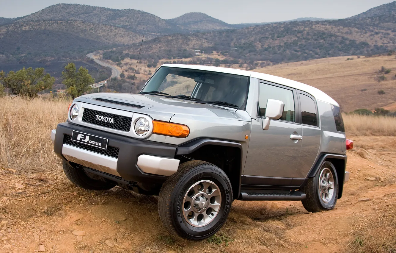 Photo wallpaper road, grey, hills, jeep, SUV, Toyota, Cruiser, Cruiser