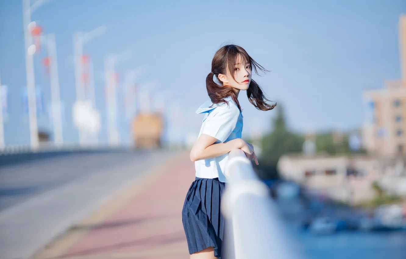 Photo wallpaper Beautiful, Asian, Model, Bridge, Street, Woman, Road, Cute