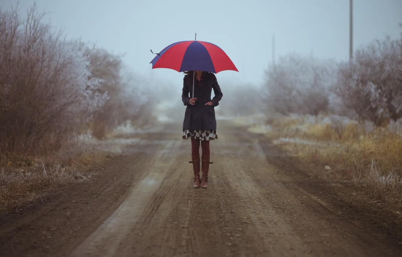 Photo wallpaper road, autumn, girl, boots, umbrella
