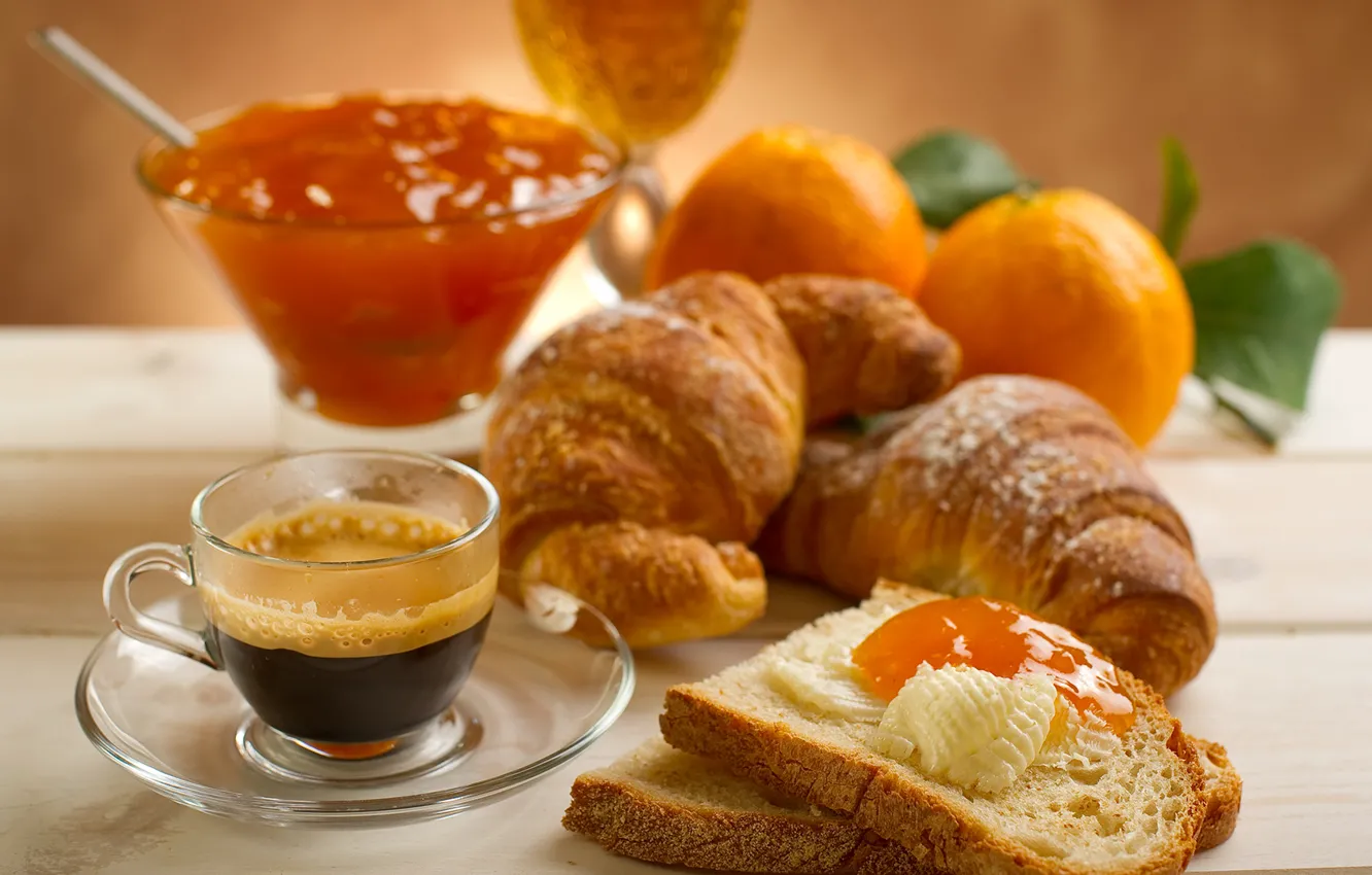 Photo wallpaper leaves, table, coffee, orange, food, petals, plate, bread