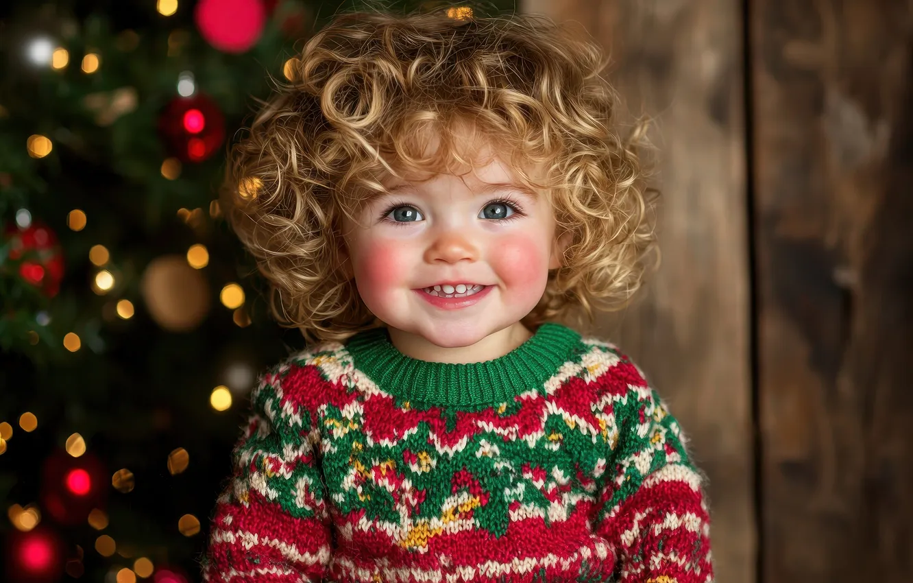 Photo wallpaper balls, lights, smile, pattern, Board, portrait, girl, curls