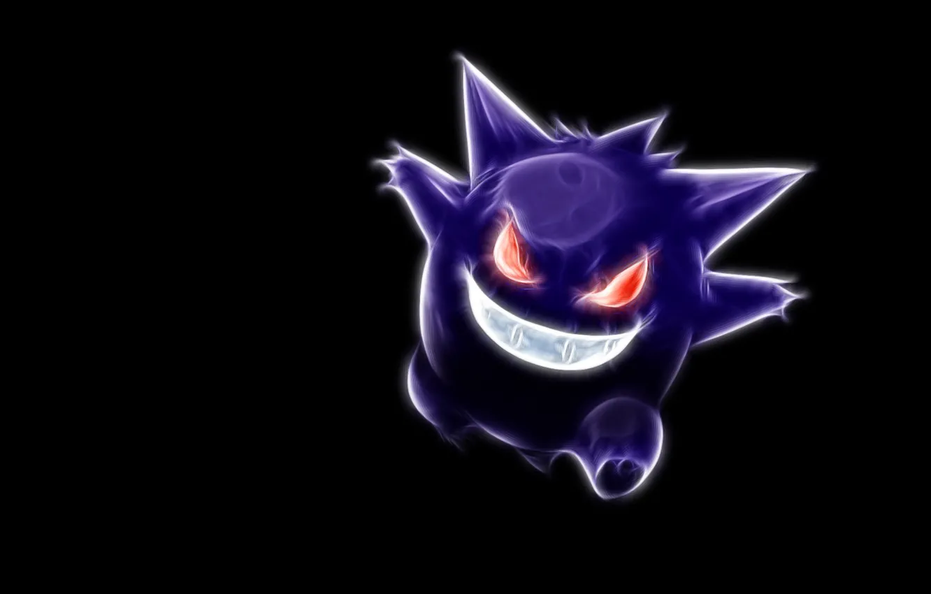 Photo wallpaper black background, red eyes, pokemon, pokemon, neon lines, gengar, gengar, a devilish smile